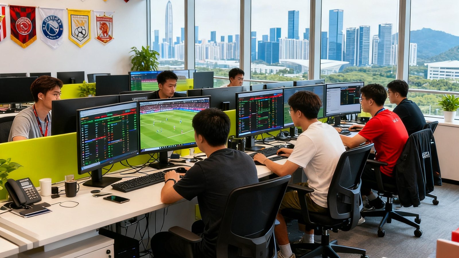 球吧网深圳总部开放式办公区内，技术团队成员正在多台显示器前分析赛事数据，墙上挂满各俱乐部旗帜，窗外是南山科技园天际线
